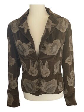 Vintage Y2K Brown Velvet Embroidered Floral Blazer Cropped Fitted Jacket Boho 38